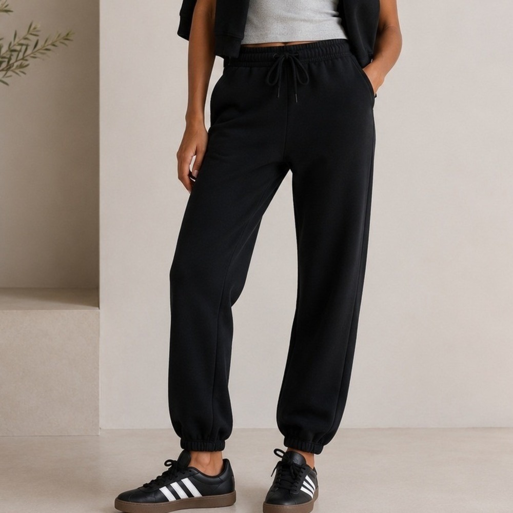 Quince Sweatpants Everyday Fleece Joggers Organic Cotton Travel Black Large NWOT